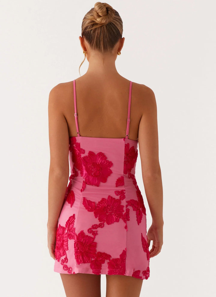 Women's pink floral mini dress with sweetheart neckline and spaghetti straps