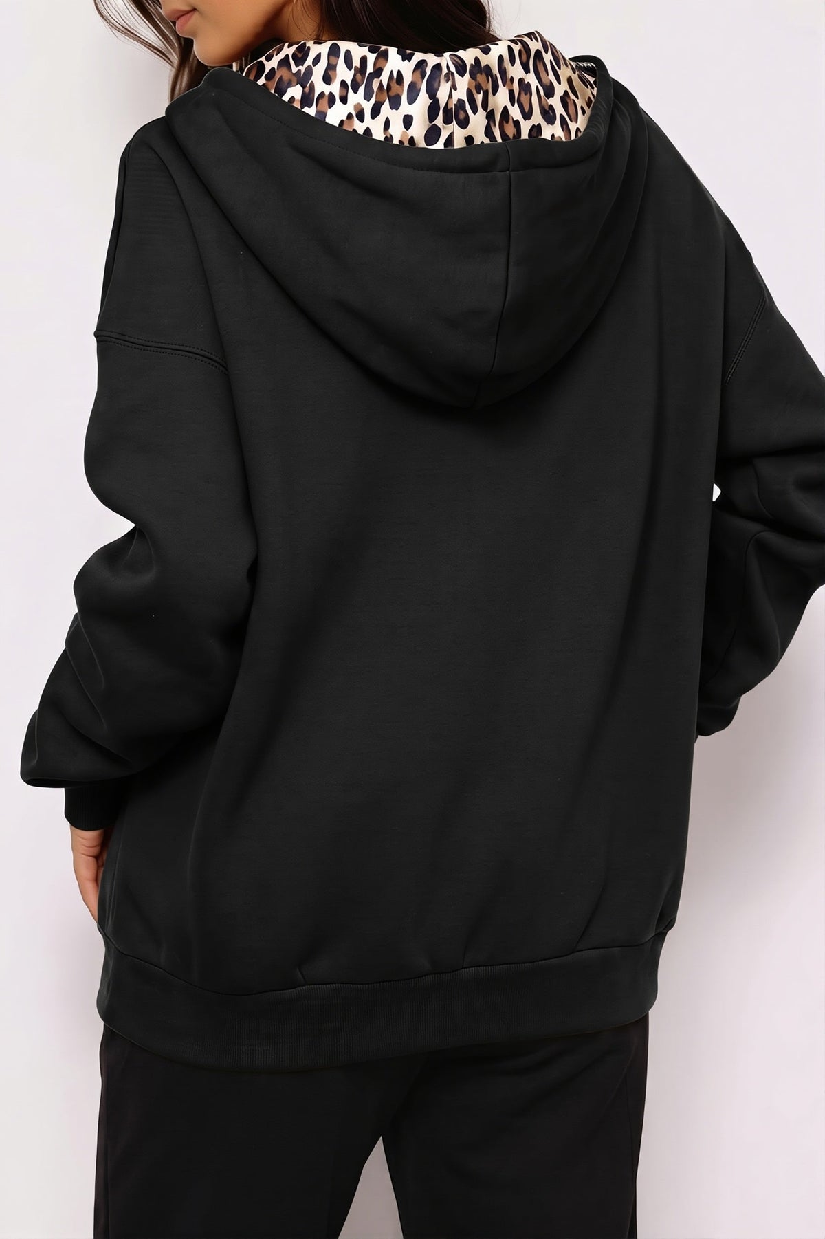 Women's oversized zip hoodie with leopard-lined hood and front pockets