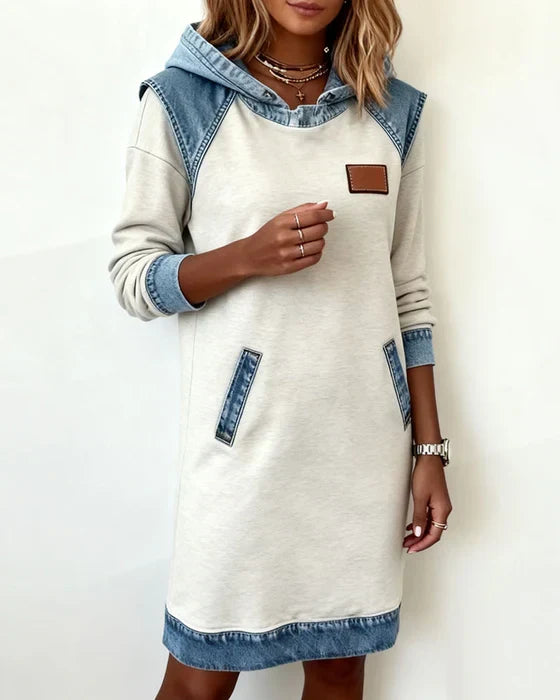 Women's long-sleeve hooded dress with contrast trim and front pockets