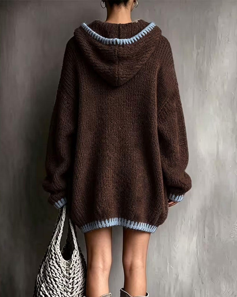 Women's brown hooded knitted mini dress with pale blue contrast trim