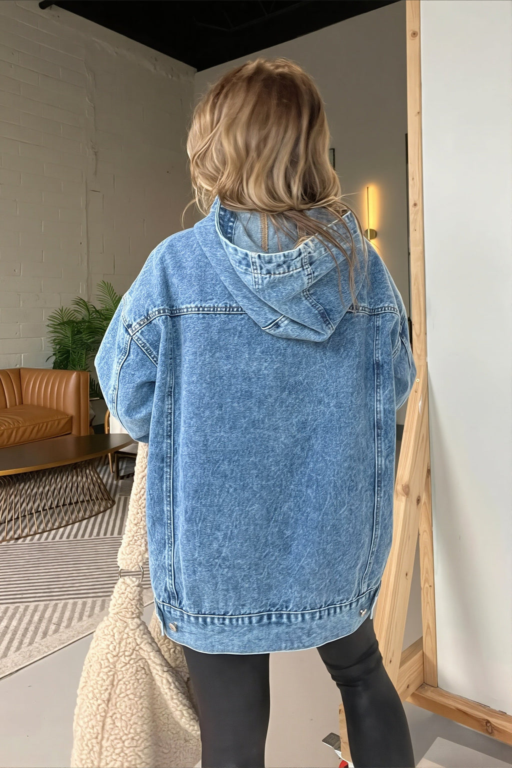 Women's blue washed denim longline pullover hoodie
