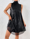 Women's sleeveless sequin mock neck mini dress with A-line shape