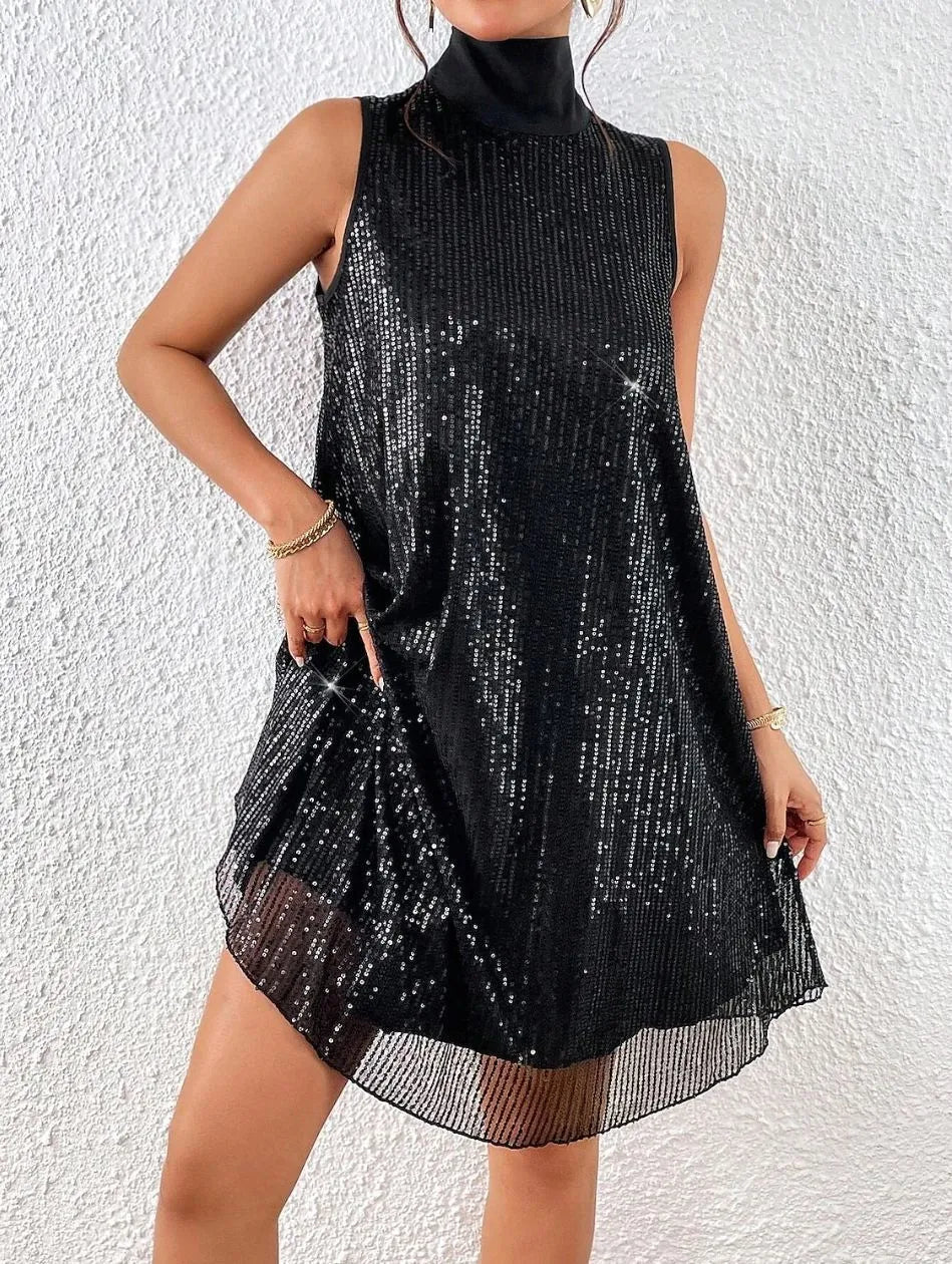 Women's sleeveless sequin mock neck mini dress with A-line shape