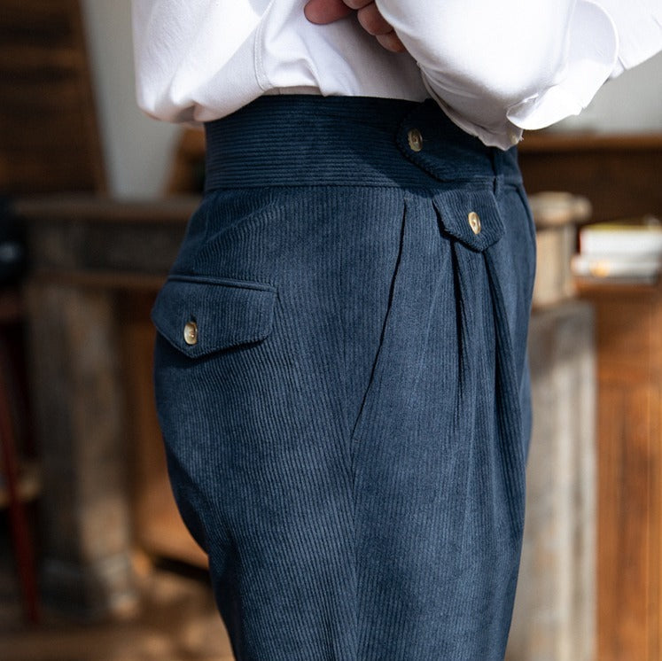 Men's pleated corduroy trousers in coffee and blue