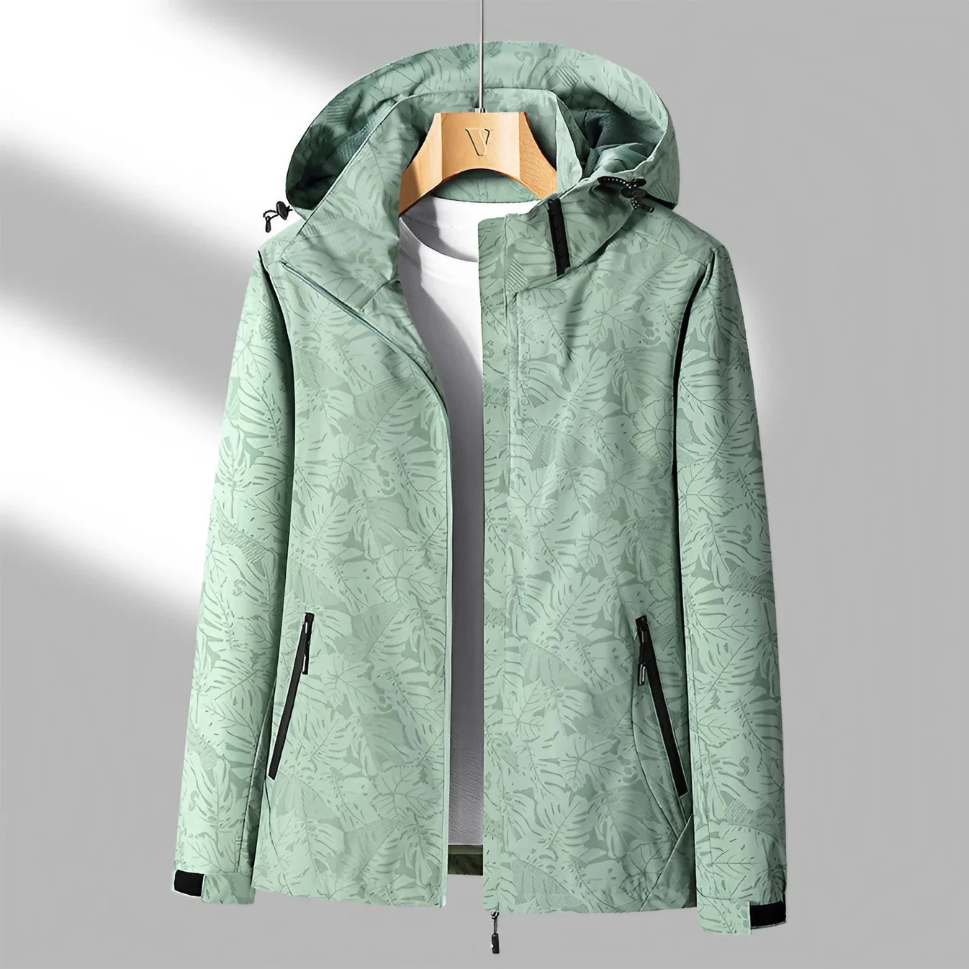 Women's hooded leaf pattern windbreaker jacket