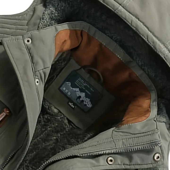 Men's lined hooded outdoor jacket with multiple pockets