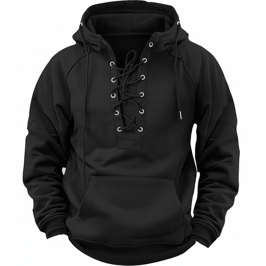Men's lace-up hooded sweatshirt with long sleeves and kangaroo pocket