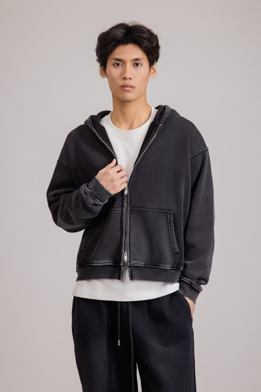 Men's black zip-up hoodie jacket with front pockets and vintage finish
