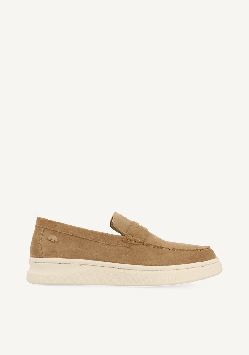 Beige moc toe loafers with penny strap and cream flat sole