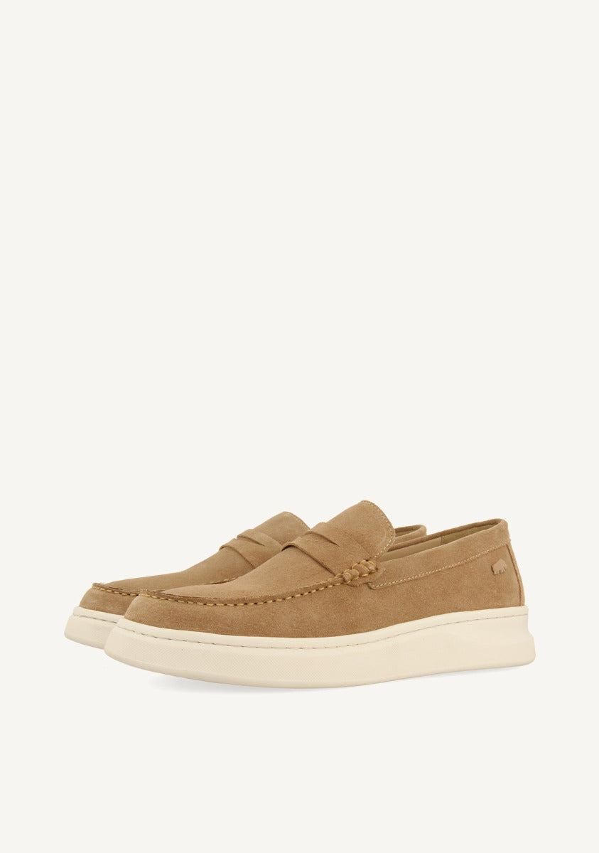 Beige moc toe loafers with penny strap and cream flat sole