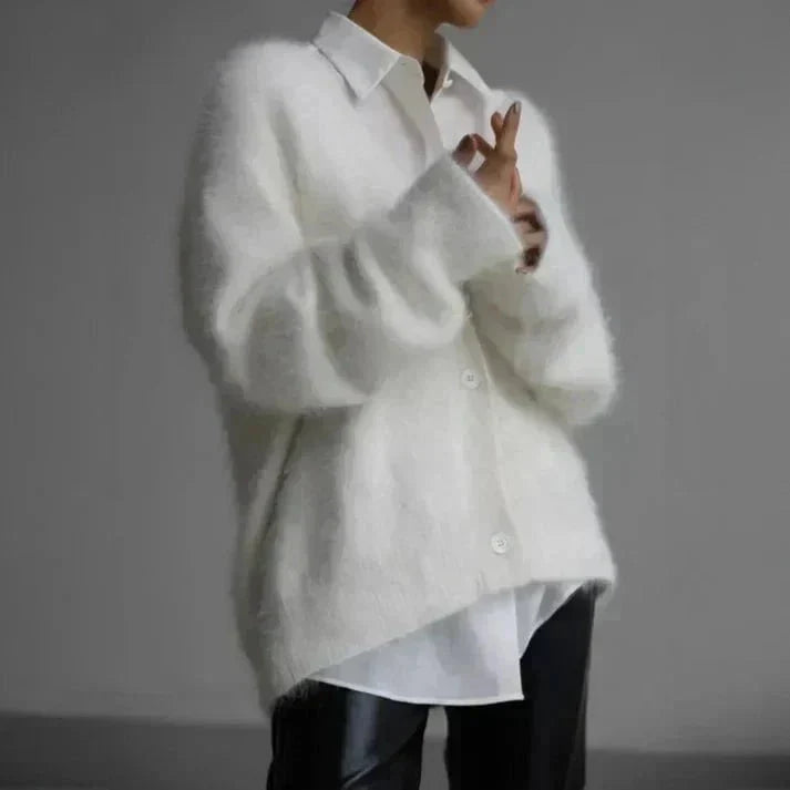 Women's textured V-neck knit cardigan with button front