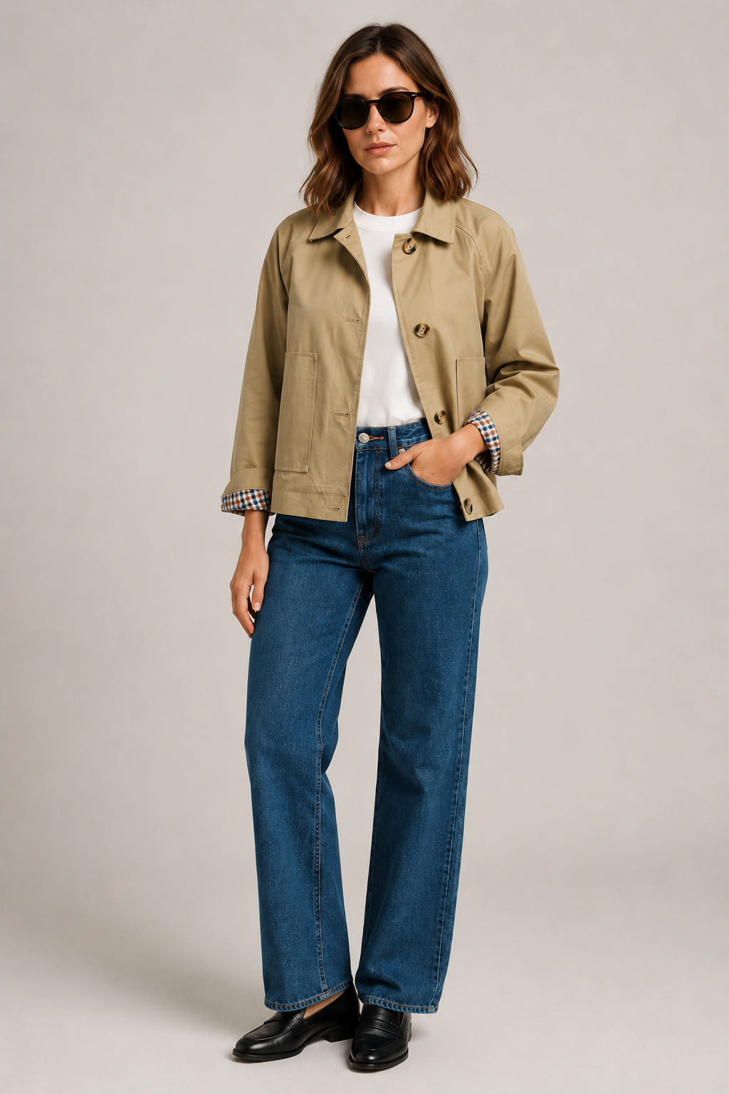 Women's beige short trench jacket with button front and checked turn-back cuffs