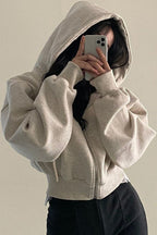 Women's oversized cropped zip hoodie with hood and long sleeves