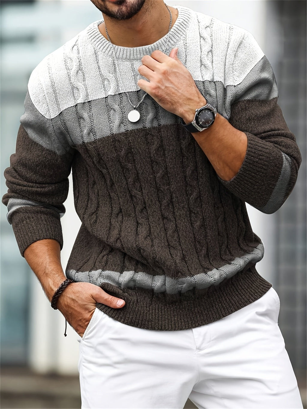 Men's long-sleeve colour-block cable knit sweater with crew neck
