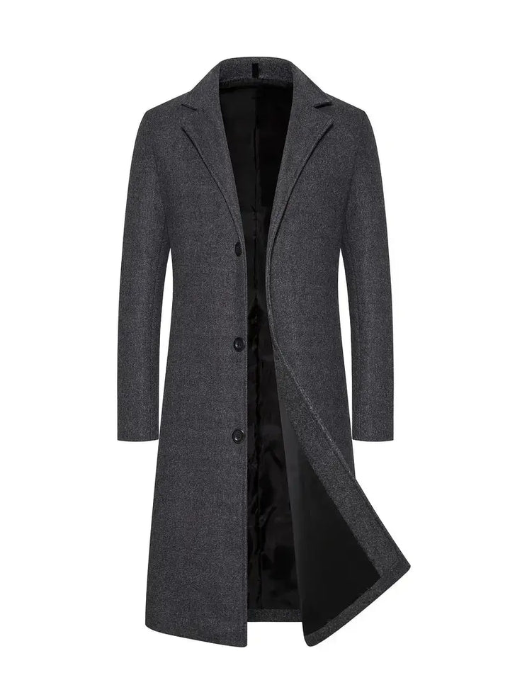 Men's long single-breasted overcoat with notched lapels