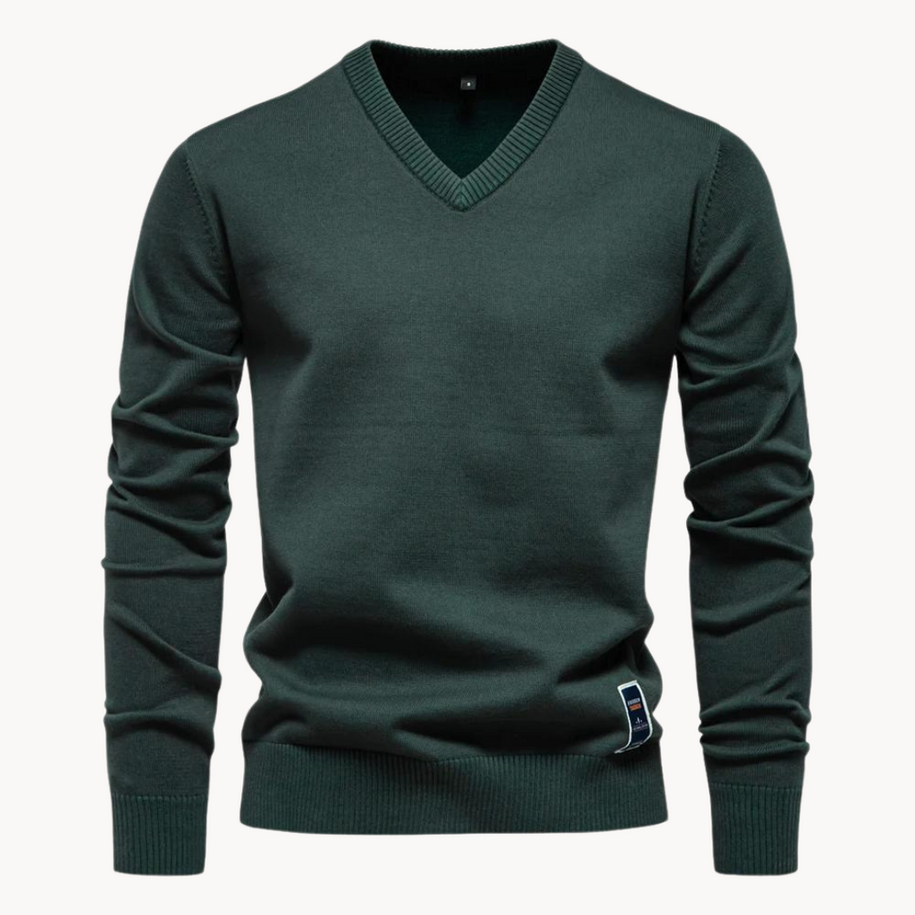 Men's long-sleeve V-neck sweater with ribbed trims