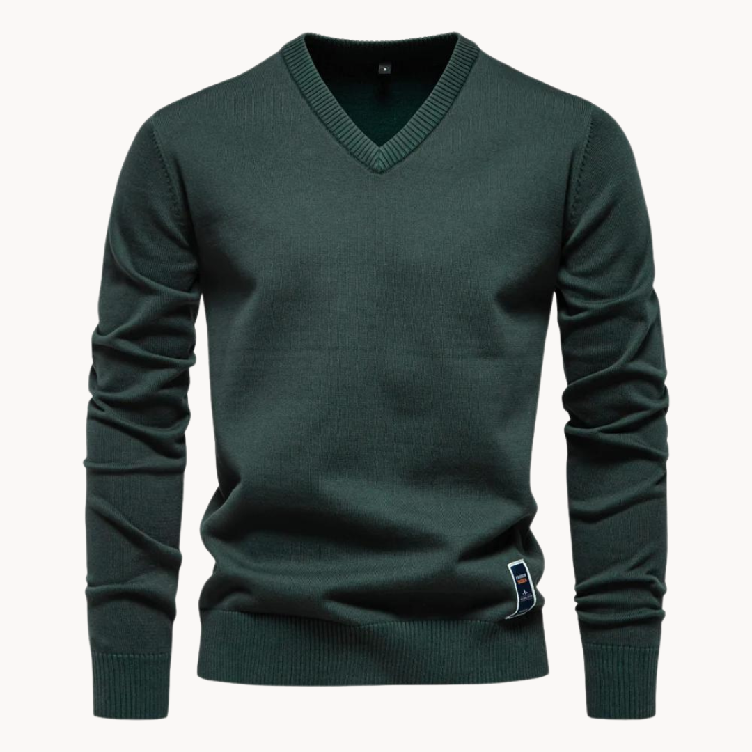 Men's long-sleeve V-neck sweater with ribbed trims