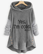 Women's hooded tunic top with text print, long sleeves, curved hem and side buttons