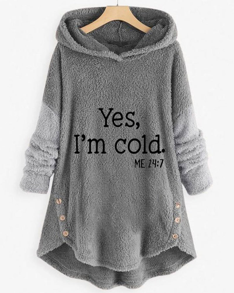 Women's hooded tunic top with text print, long sleeves, curved hem and side buttons