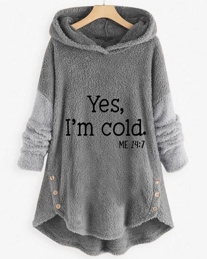 Women's hooded tunic top with text print, long sleeves, curved hem and side buttons