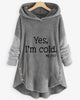 Women's hooded tunic top with text print, long sleeves, curved hem and side buttons