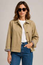 Women's beige short trench jacket with button front and checked turn-back cuffs