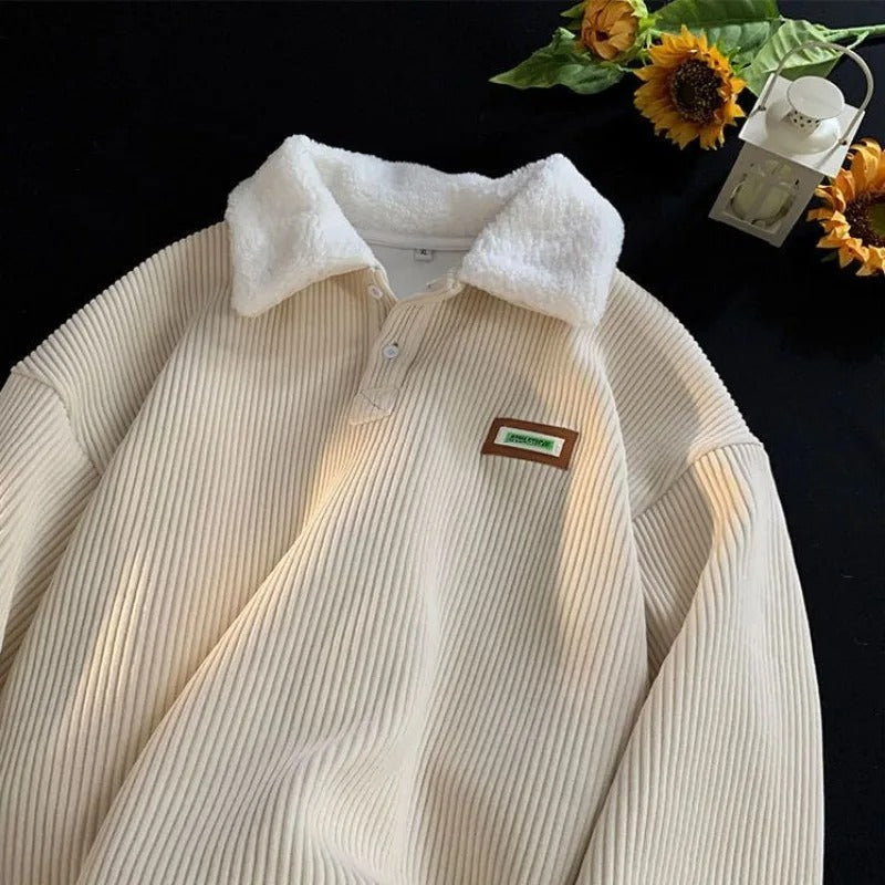 Men's ribbed polo jumper with contrasting fleece collar and button placket