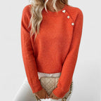 Women's long-sleeve crew neck jumper with shoulder buttons and cropped hem