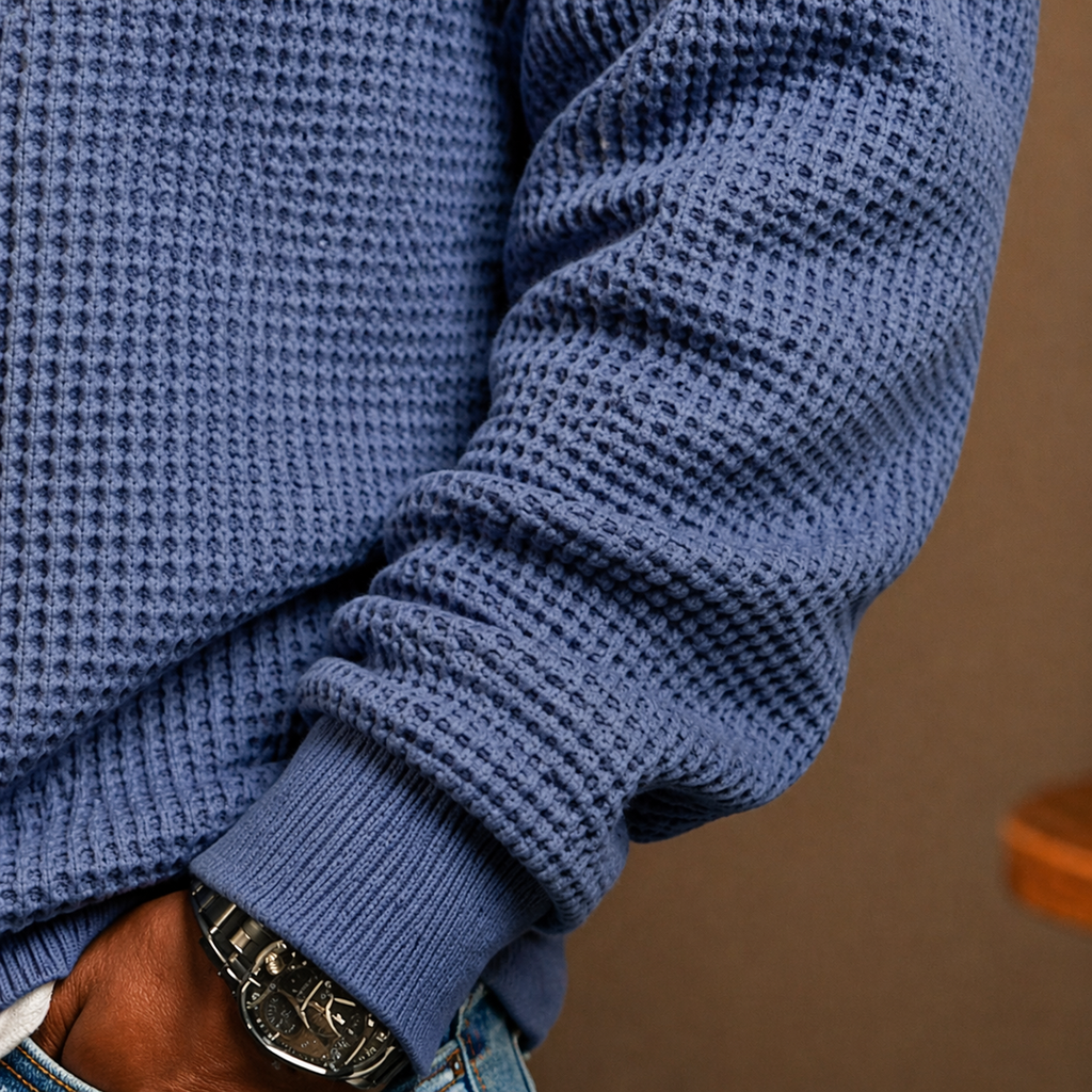 Men's textured long-sleeve polo knit sweater with button placket