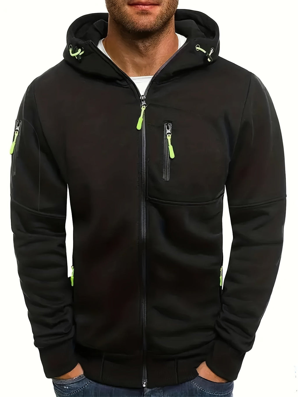 Men's hooded full-zip jacket with multiple zipped pockets and ribbed trims