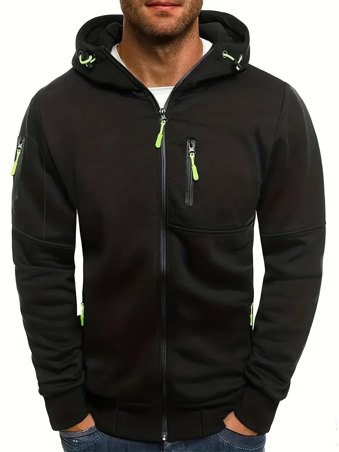Men's hooded full-zip jacket with multiple zipped pockets and ribbed trims