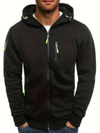 Men's hooded full-zip jacket with multiple zipped pockets and ribbed trims