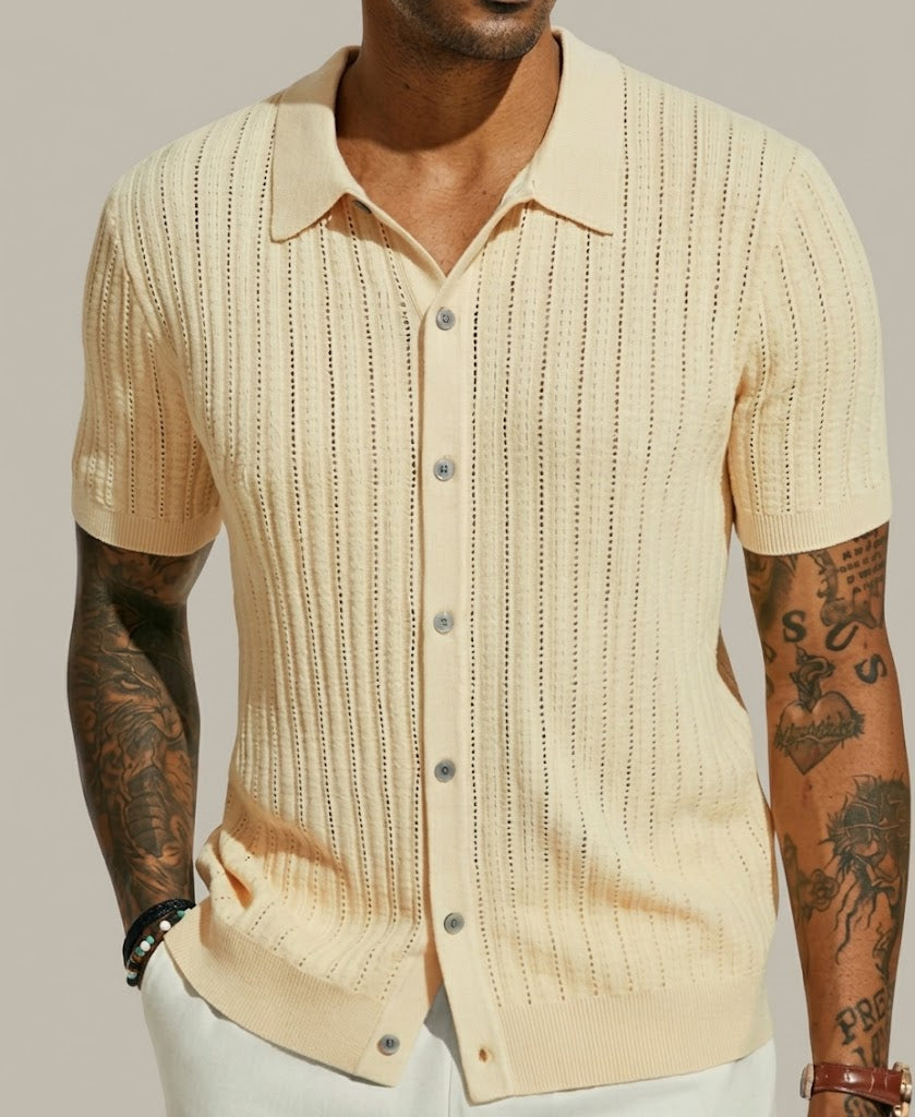 Men's Textured Open-Knit Button-Front Polo