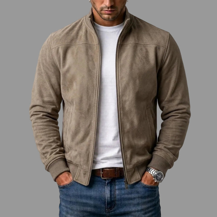 Men's bomber jacket with zip front, stand collar, long sleeves and ribbed trims