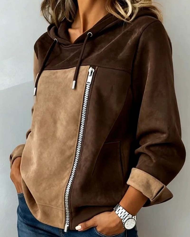 Women's brown colour block hoodie with drawstring hood and diagonal zip