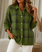 Women's checked knit cardigan with collar and button front