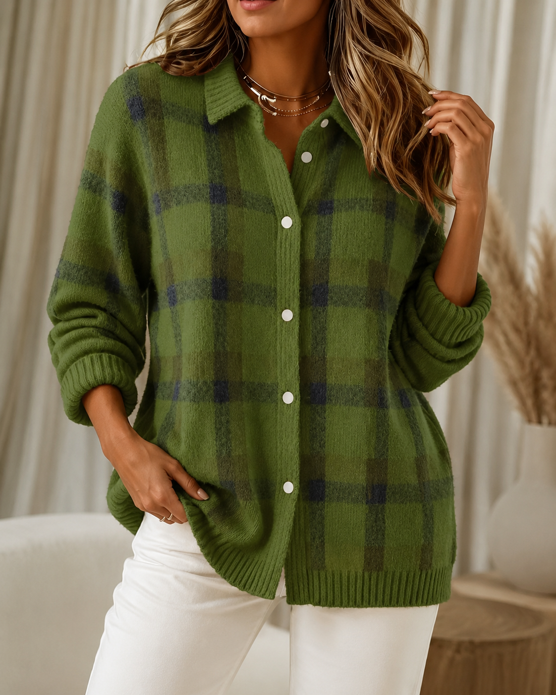 Women's checked knit cardigan with collar and button front