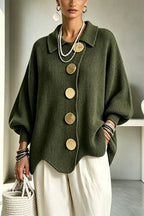Women's oversized ribbed cardigan with collared neckline, balloon sleeves and large front buttons