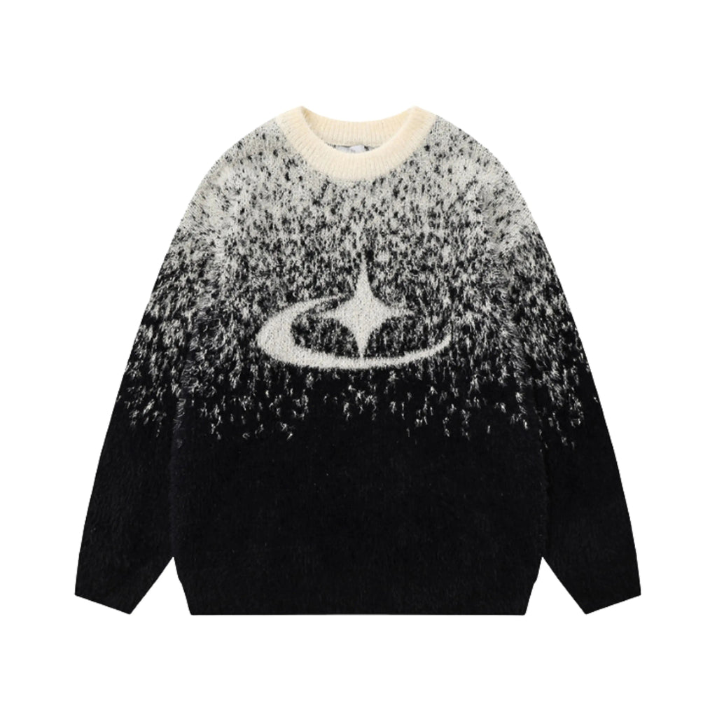 Unisex knitted sweater with crew neck, long sleeves and abstract contrast motif