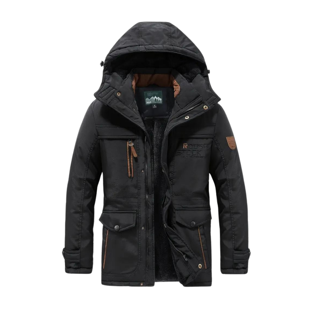 Men's lined hooded outdoor jacket with multiple pockets