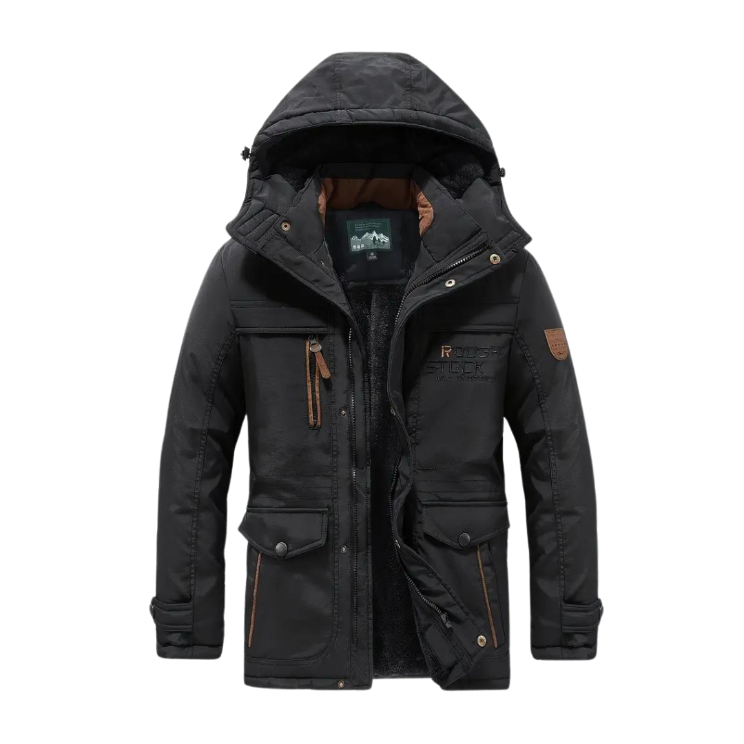 Men's lined hooded outdoor jacket with multiple pockets
