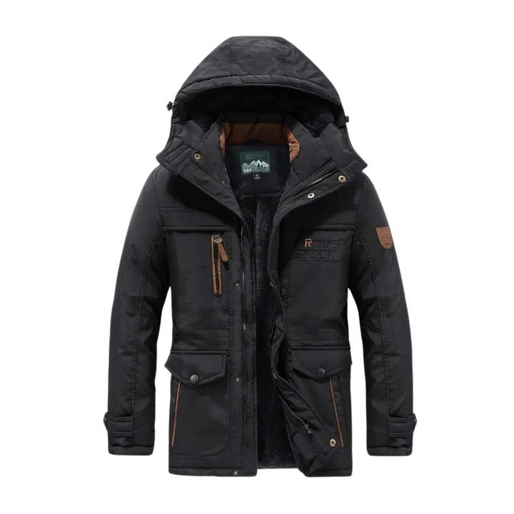 Men's lined hooded outdoor jacket with multiple pockets