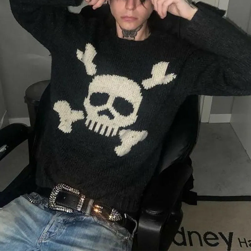 Men's black sweater with a cream skull and crossed-bones graphic