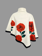 Women's floral cape outfit set with red roses and wide-leg trousers
