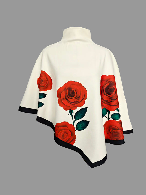 Women's floral cape outfit set with red roses and wide-leg trousers