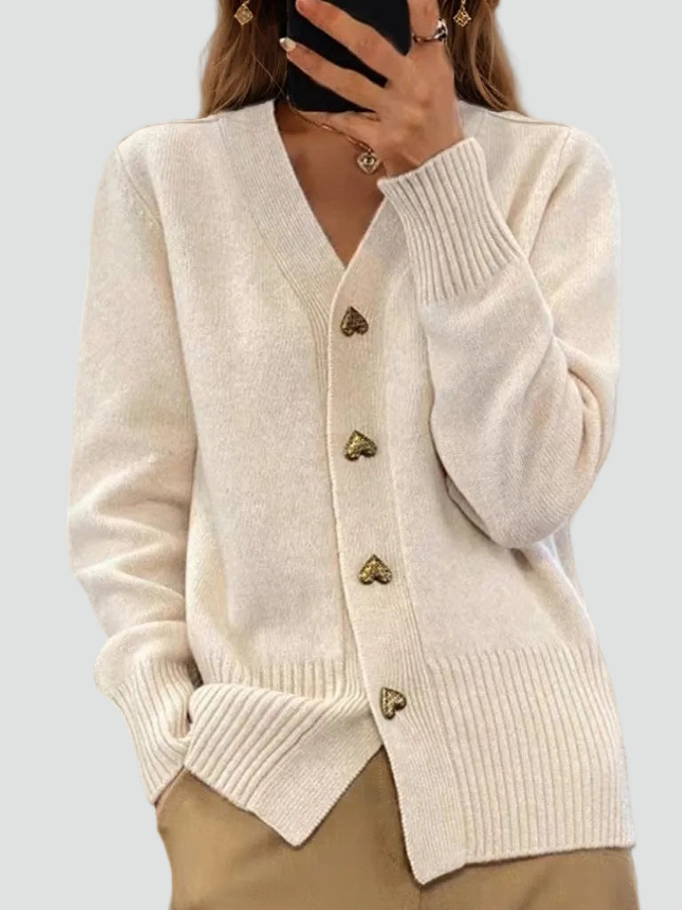 Women's long-sleeved V-neck button cardigan with ribbed trims and front pockets