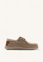 Beige canvas Wallabee loafers with lace-up fronts and moc toes
