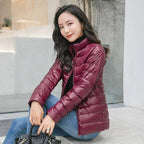 Women's quilted puffer jacket with high collar, long sleeves and front zip