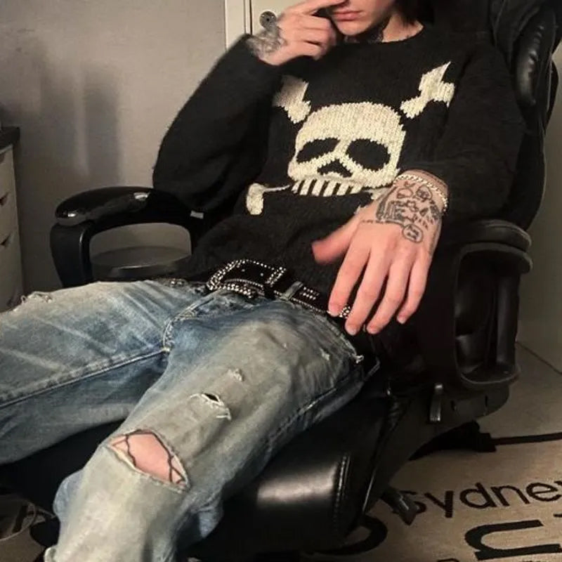 Men's black sweater with a cream skull and crossed-bones graphic