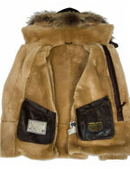 Men's dark brown hooded jacket with tan shearling-style lining and toggle fastenings